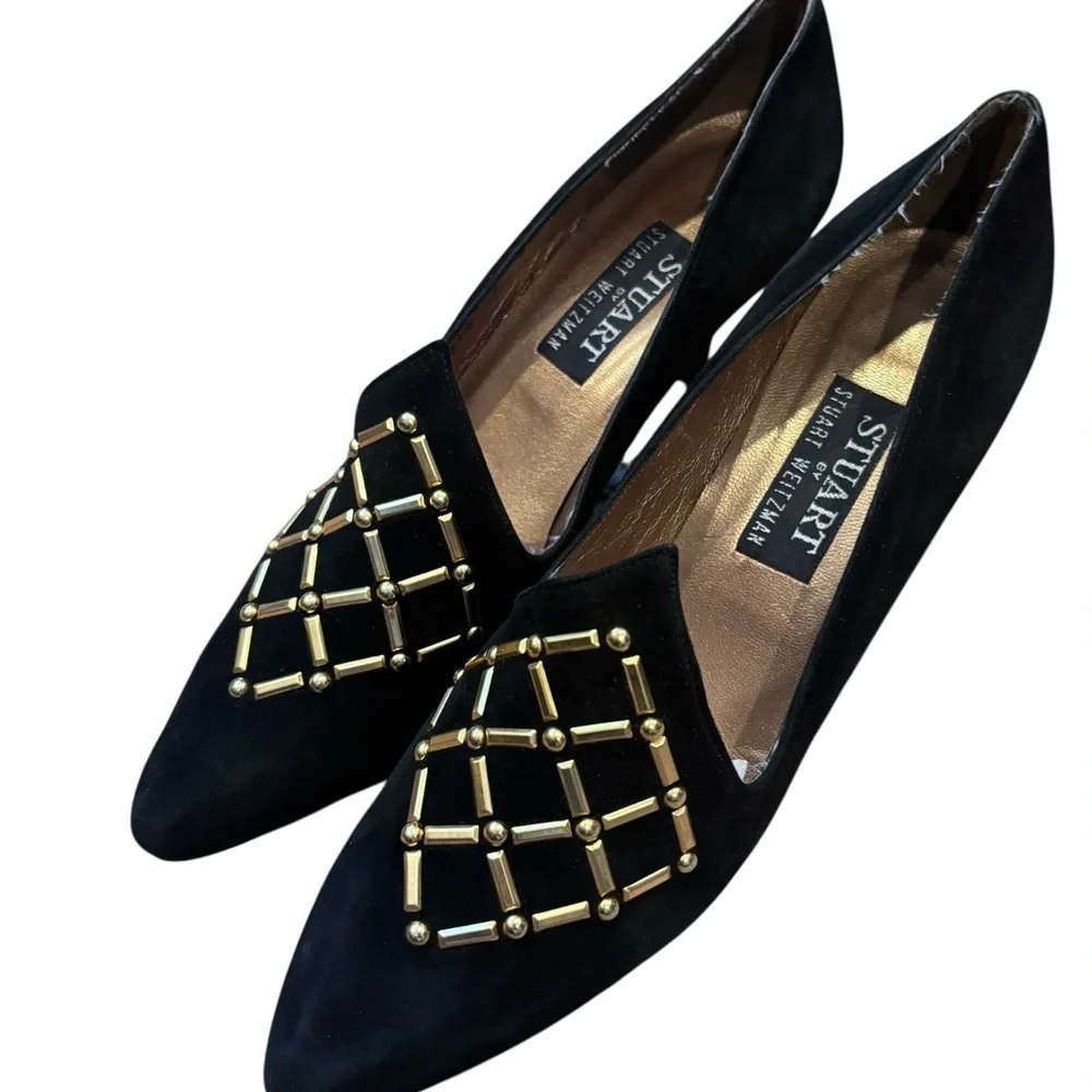 Stuart by Stuart Weitzman Black Velvet Studded Pointed Toe Heels Pumps - Picture 2 of 6